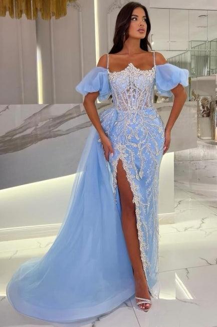 Blue Prom Dress Puff Sleeves Slit Beaded Panel Train Tulle Formal Dress With Appliques