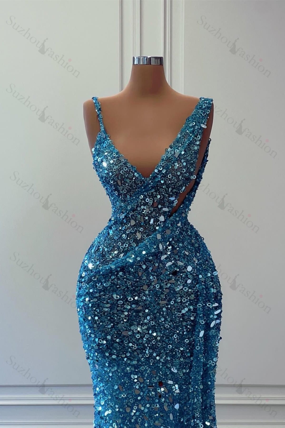 Blue Prom Dress Sleeveless Sequined V Neck Long Mermaid Evening Formal Dress For Party