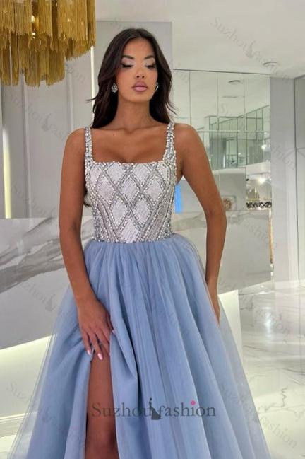 Blue Prom Dress Spaghetti Strap Square Beaded Panel Train Tulle Formal Dress