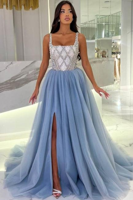 Blue Prom Dress Spaghetti Strap Square Beaded Panel Train Tulle Formal Dress