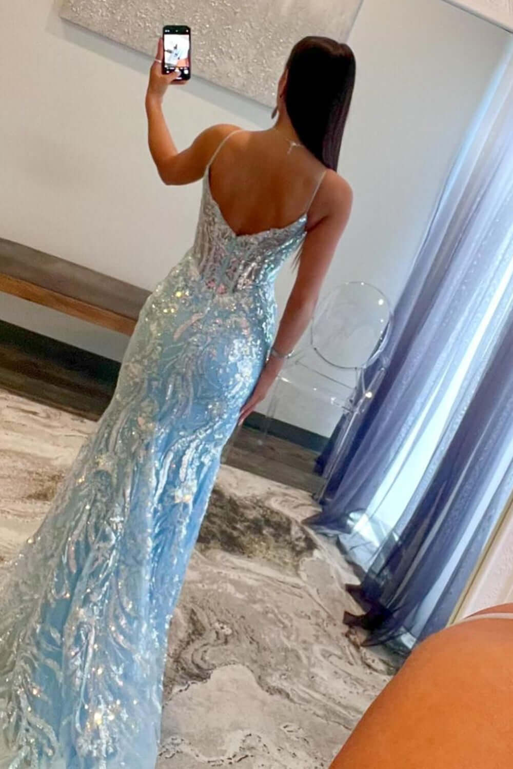 Blue Prom Dress Spaghetti Straps Corset Mermaid Tulle Formal Dress