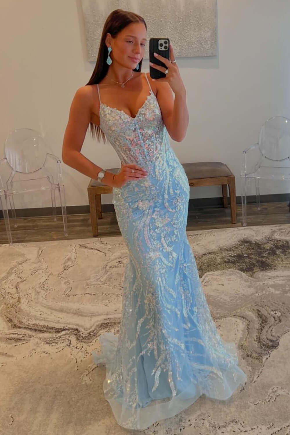 Blue Prom Dress Spaghetti Straps Corset Mermaid Tulle Formal Dress