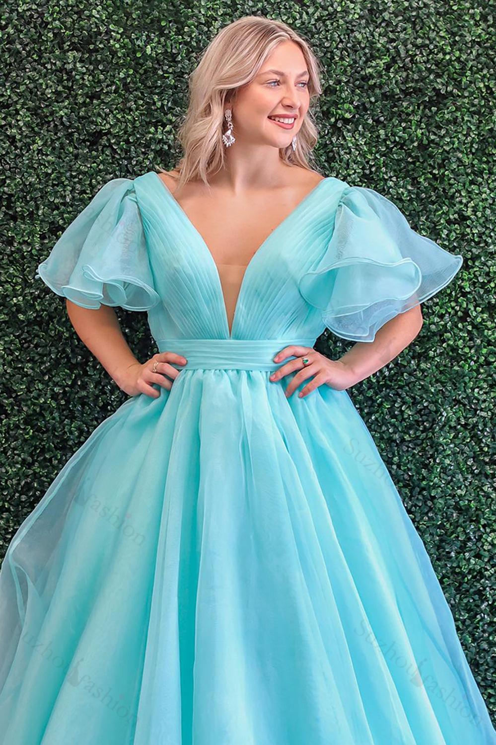 Blue Prom Dress V-Neck A Line Ruched Formal Dress With Puff Sleeves