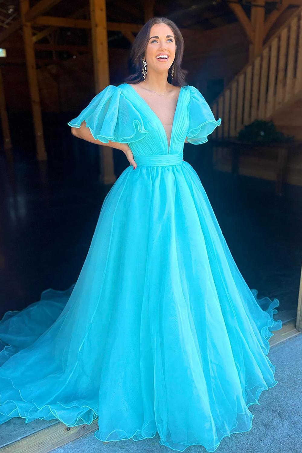 Blue Prom Dress V-Neck A Line Ruched Formal Dress With Puff Sleeves