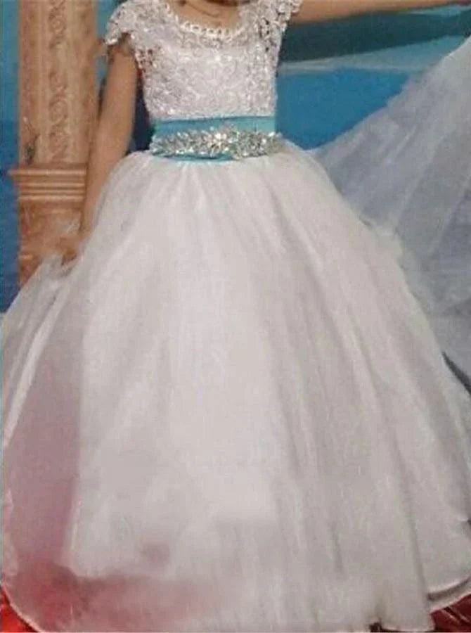 Blue Sash Short Sleeves Crystals Girls Pageant Dress Puffy Tulle Flower Girl Dresses BA3744