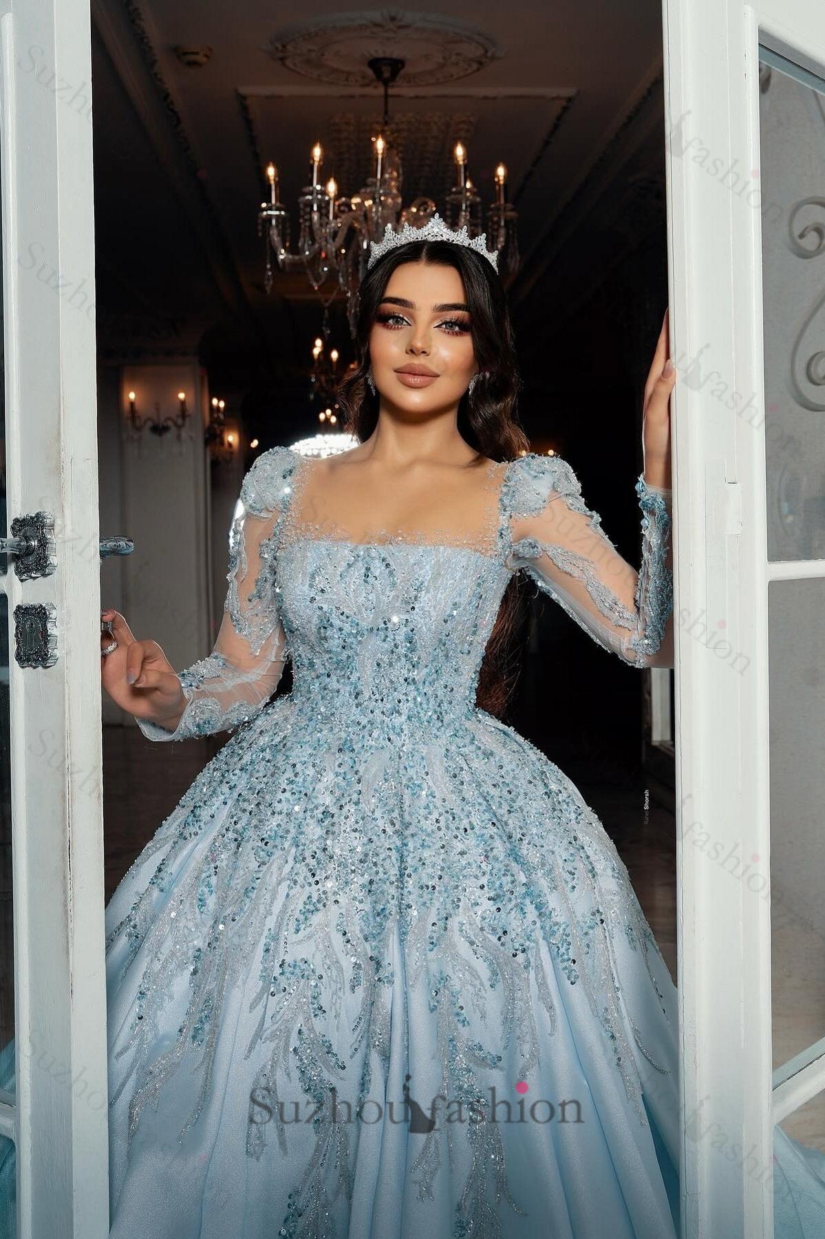 Blue Square Long Illusion Sleeves Beaded Sequined Ball Gown Long Satin Bridal Gown With Appliques