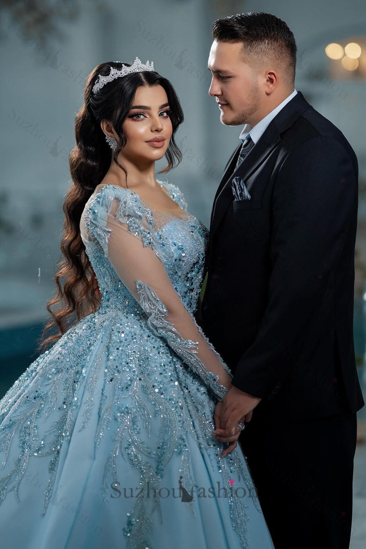 Blue Square Long Illusion Sleeves Beaded Sequined Ball Gown Long Satin Bridal Gown With Appliques