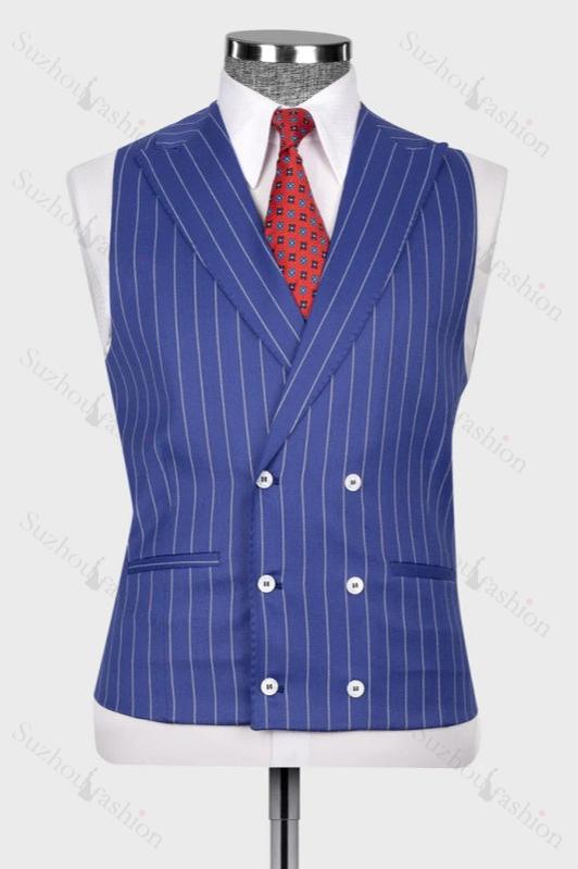 Blue Striped Peaked Lapel Three Piece Business Suit for Men