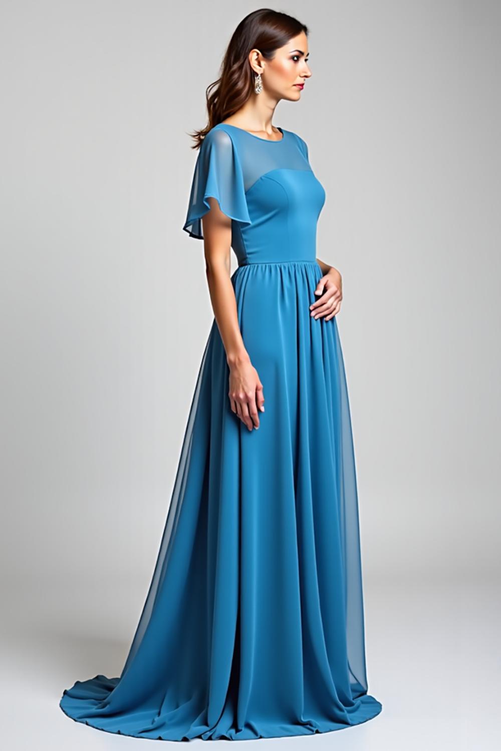 Blue Wedding Guest Dress Long Chiffon A Line Formal Dress With Short Sleeves