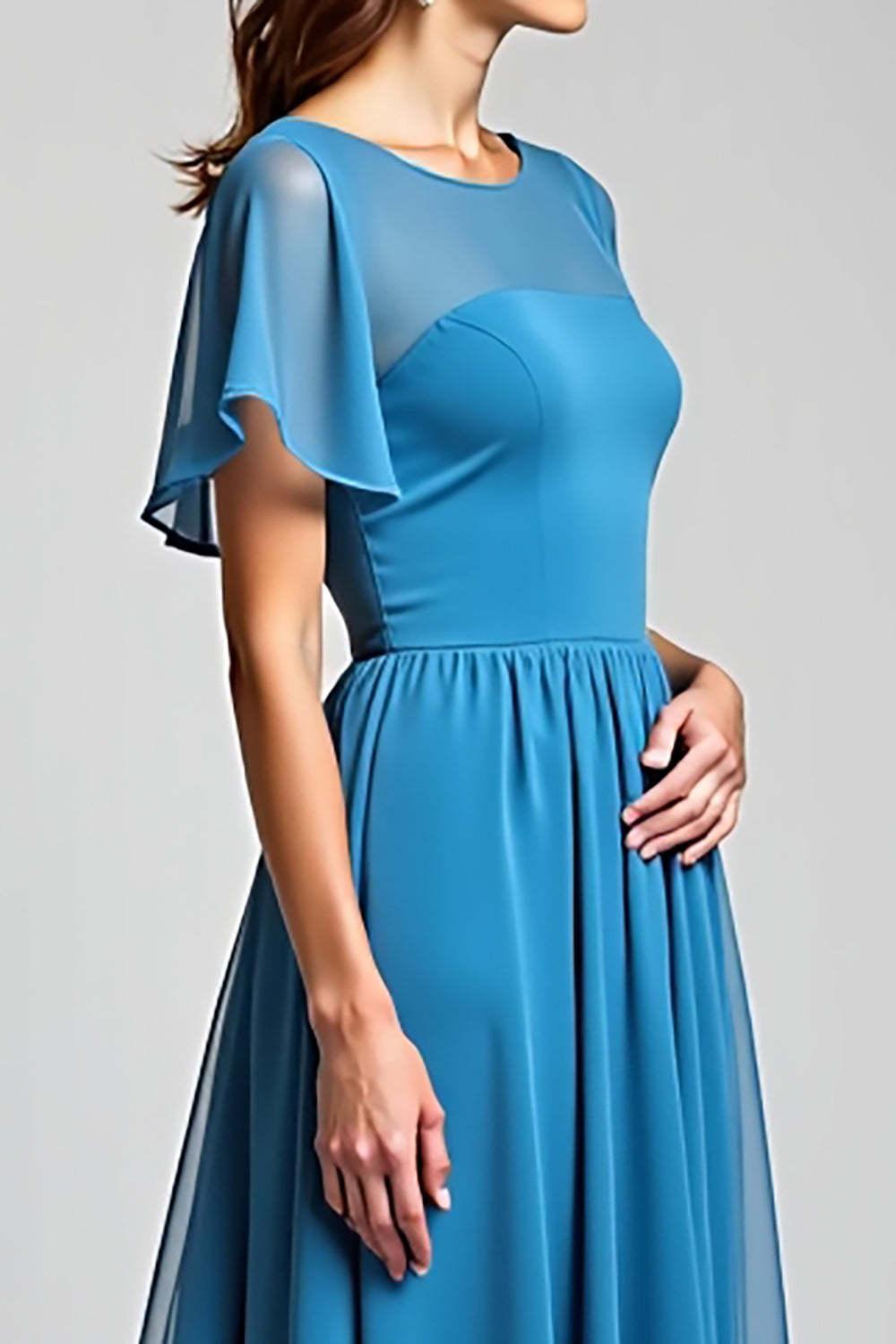 Blue Wedding Guest Dress Long Chiffon A Line Formal Dress With Short Sleeves