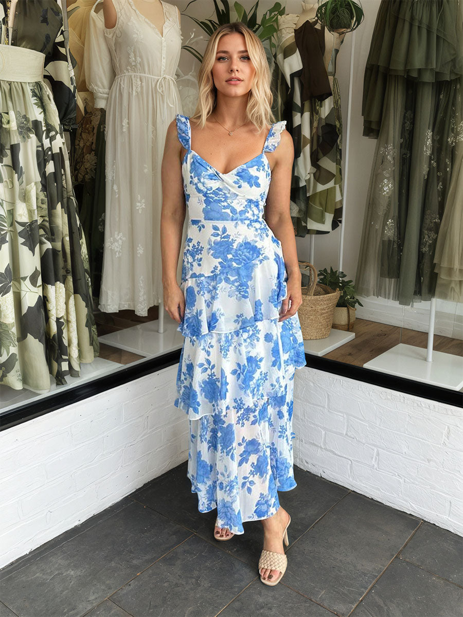 Blue A-Line Ruffles Print Prom Dress with Slit - VelvetHem