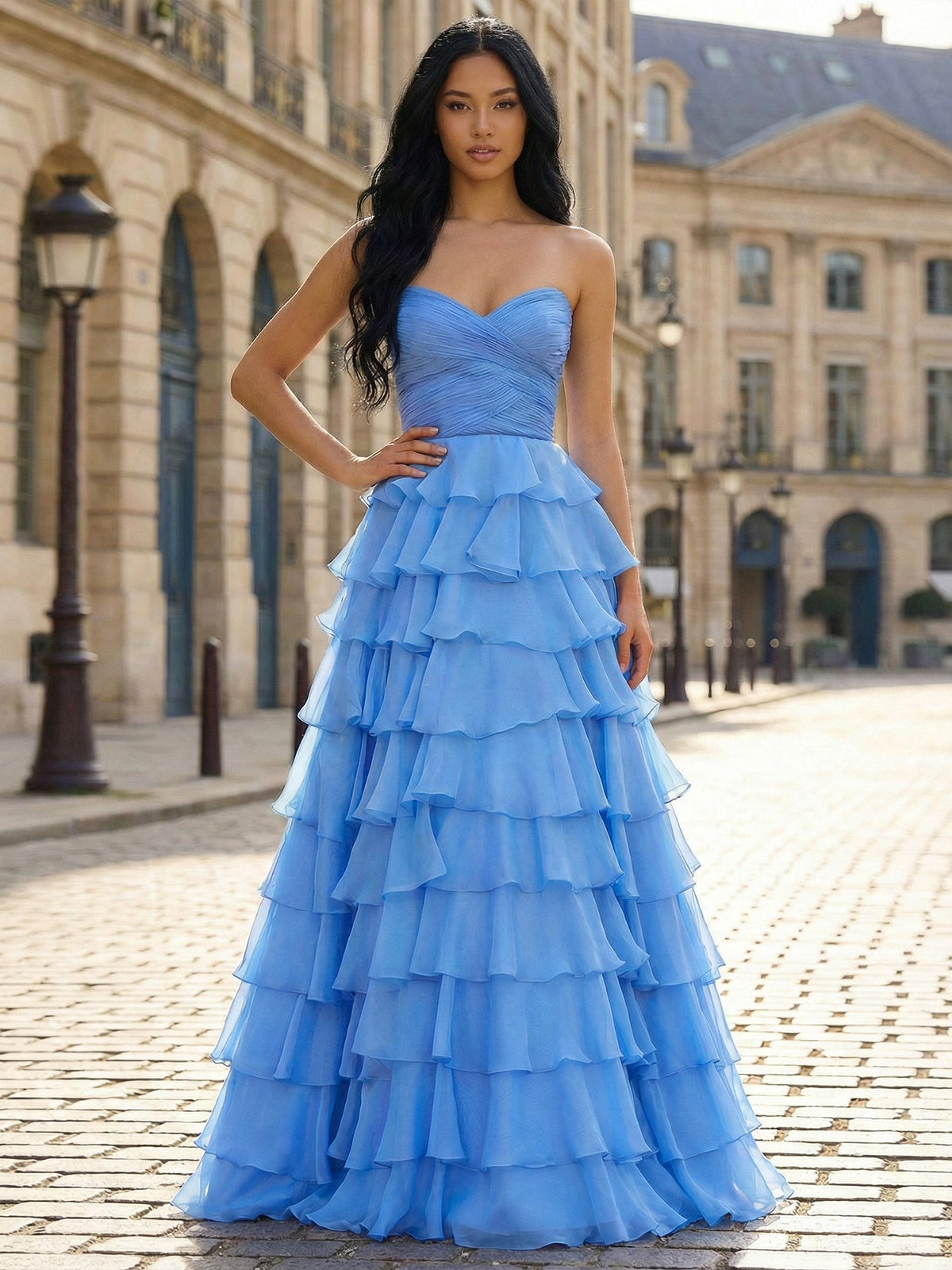 Blue A Line Strapless Tiered Ruffle Long Prom Dress - VelvetHem