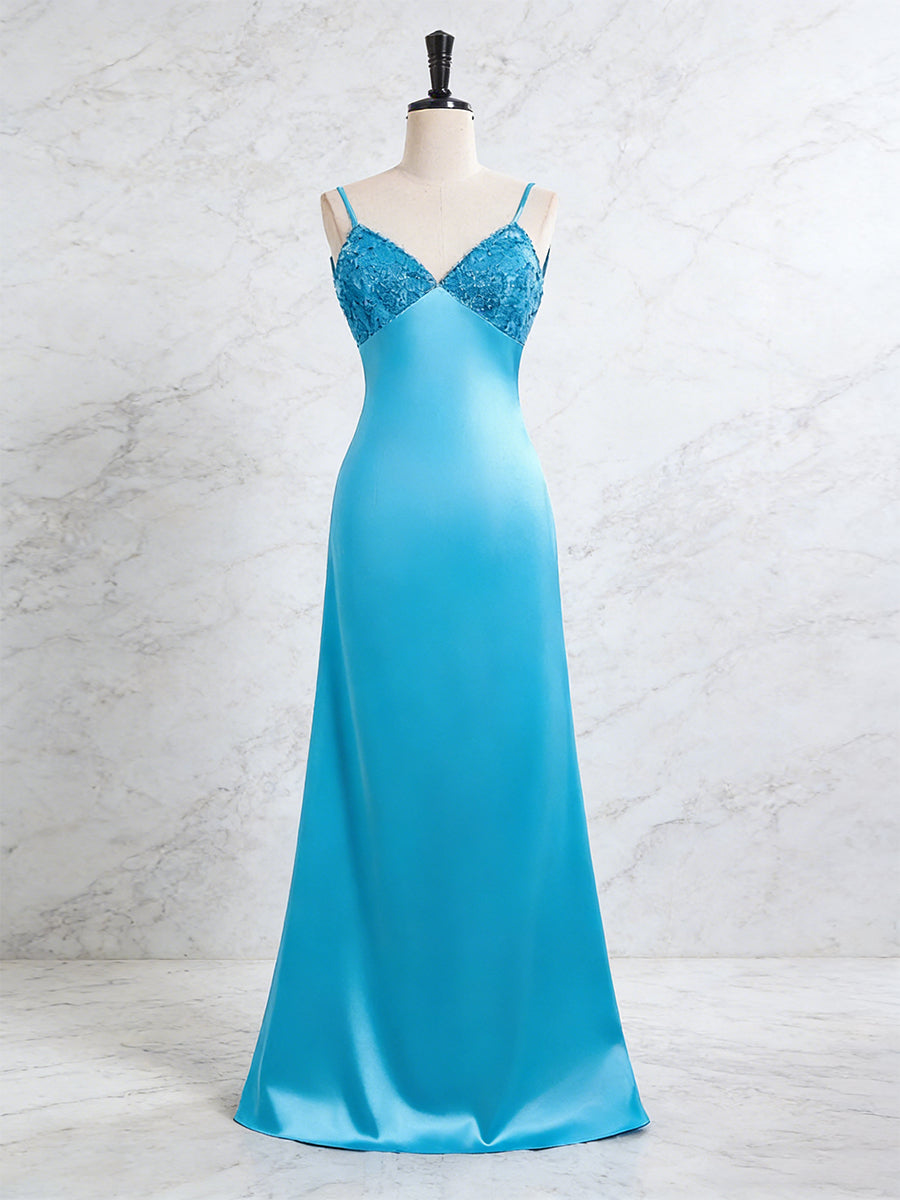 Blue V Neck Beaded Bodice Satin A-Line Long Prom Dress - VelvetHem