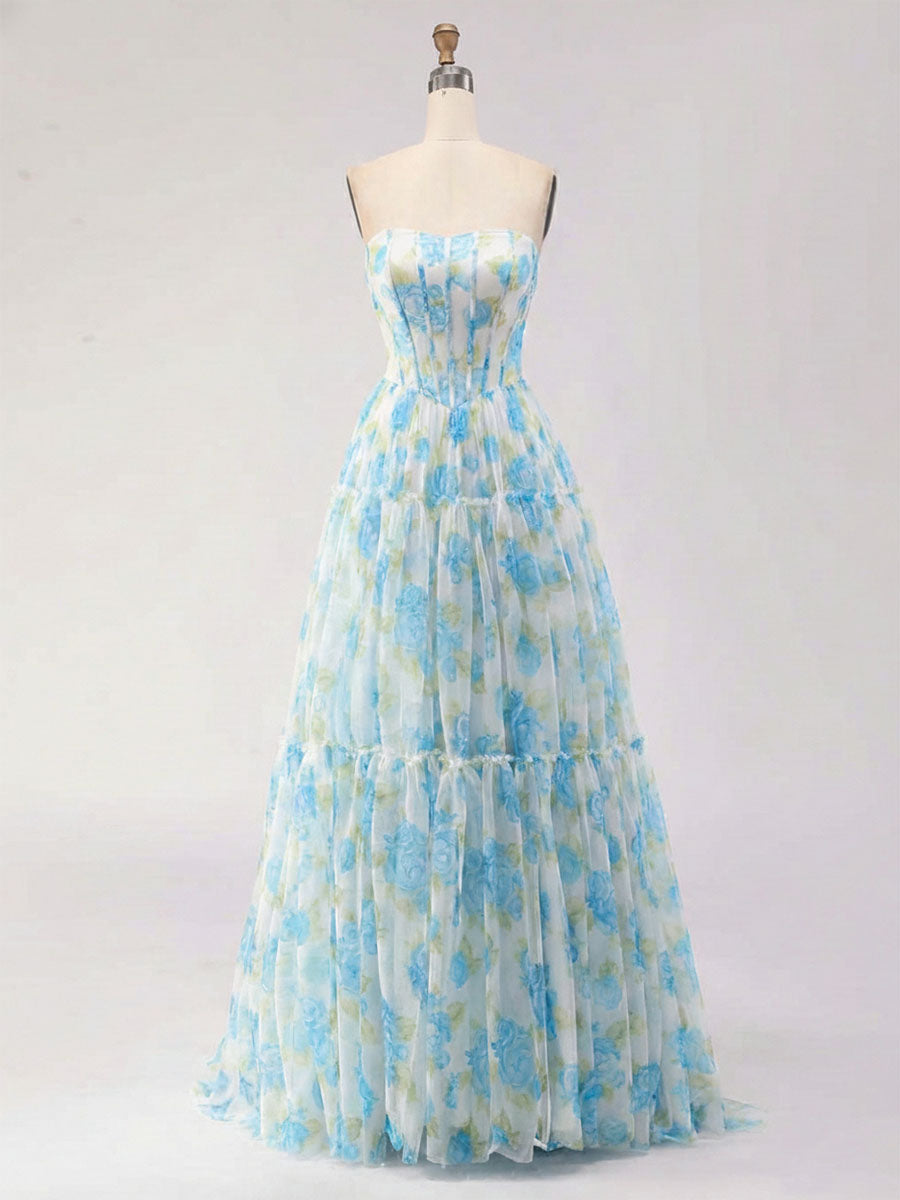 Blue Floral Print Strapless Corset Tiered A-Line Prom Dress - VelvetHem