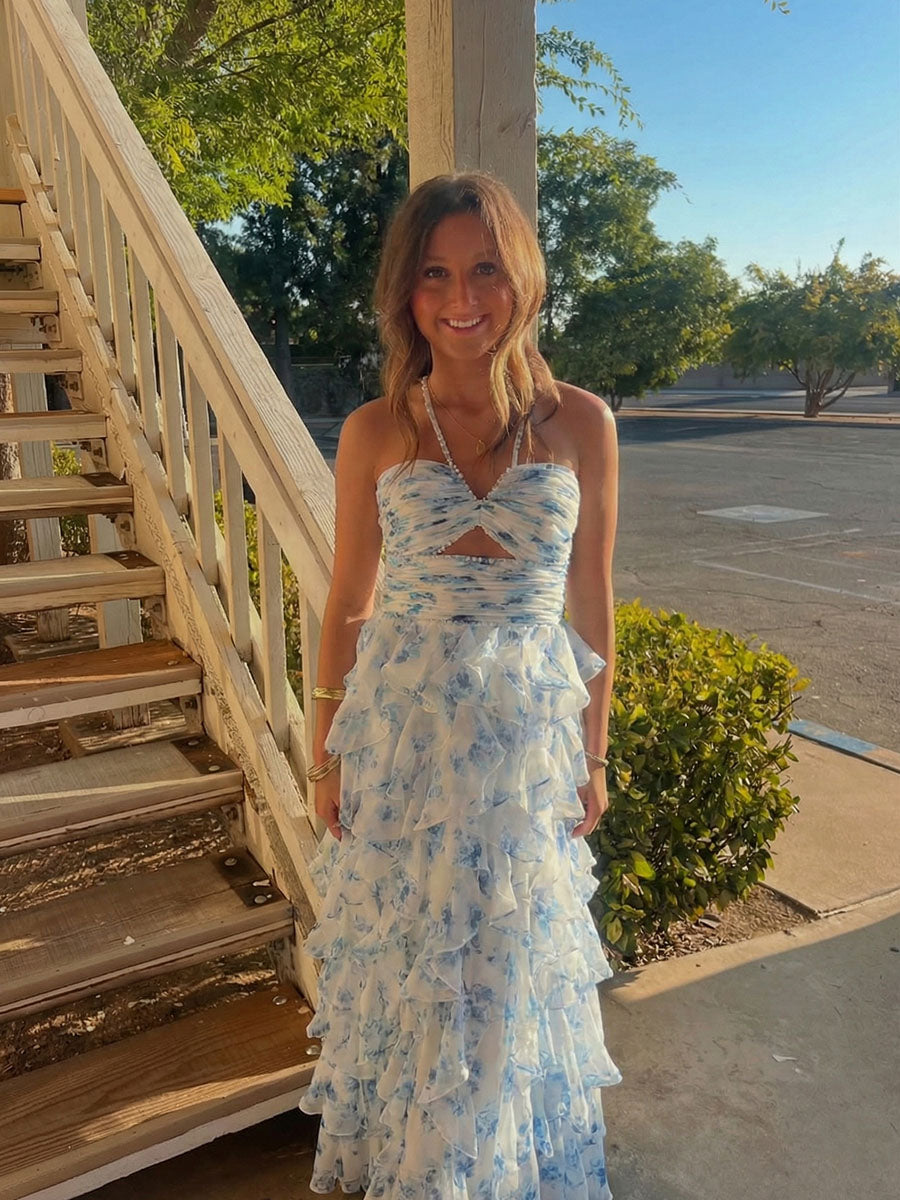 Blue Floral Ruffles Tiered Halter Prom Dress with Keyhole Cutout - VelvetHem