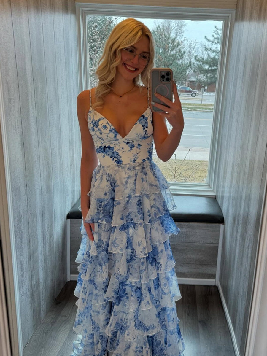Blue Floral V Neck Tiered Ruffle A-Line Prom Dress - VelvetHem