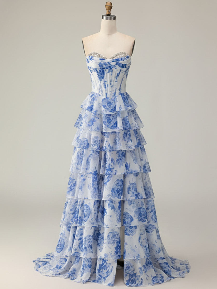Blue Flower A Line Sweetheart Sequins Tiered Corset Long Prom Dress with Slit - VelvetHem