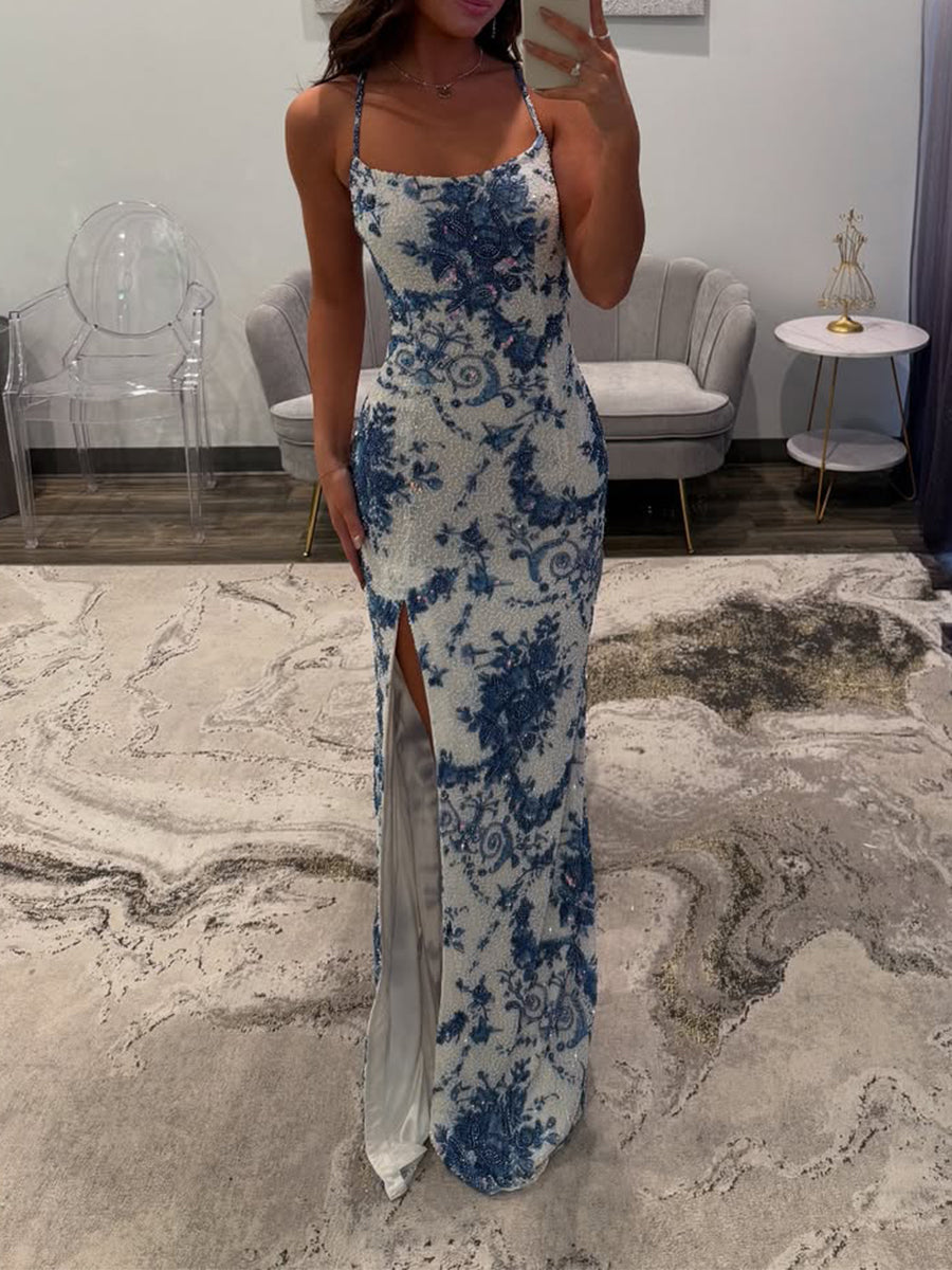 Blue Porcelain Print Spaghetti Straps Beaded Long Prom Dress with Slit - VelvetHem