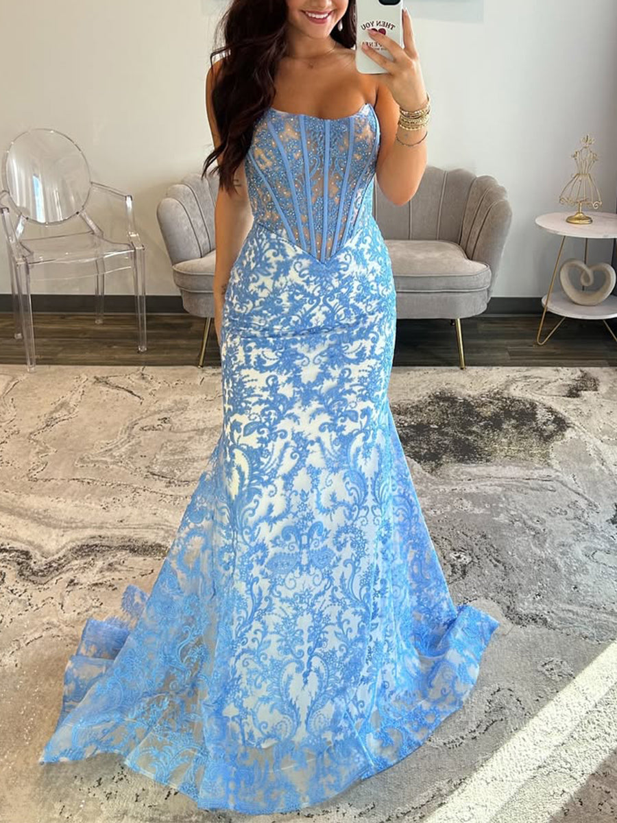 Blue Strapless Pearl Beaded Corset Ruched Long Prom Dress - VelvetHem