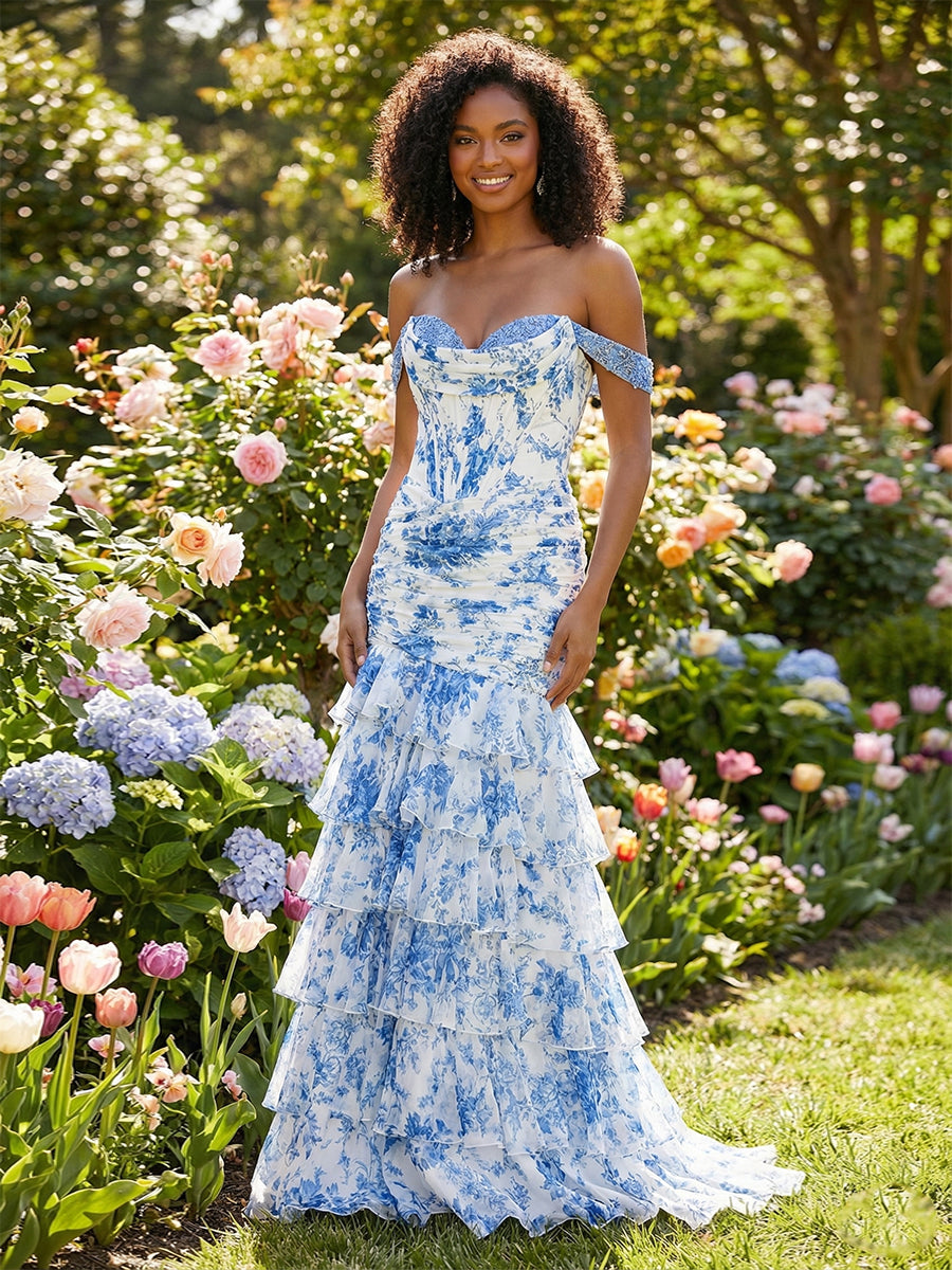 Blue Toile Enchanted Floral Lace-Up Back Prom Dress with Tiered Ruffles - VelvetHem