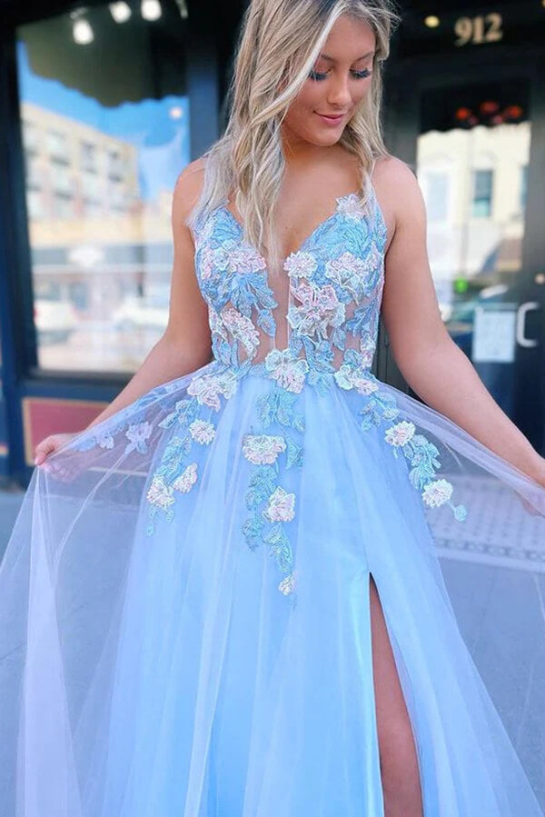 Tulle A-line V-neck Lace Flowers Long Prom Dresses, Evening Dress