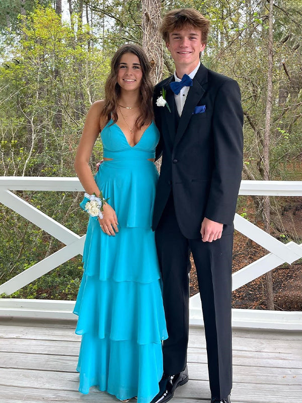 Blue A Line V-Neck Tiered Long Prom Dress with Cut-out - VelvetHem