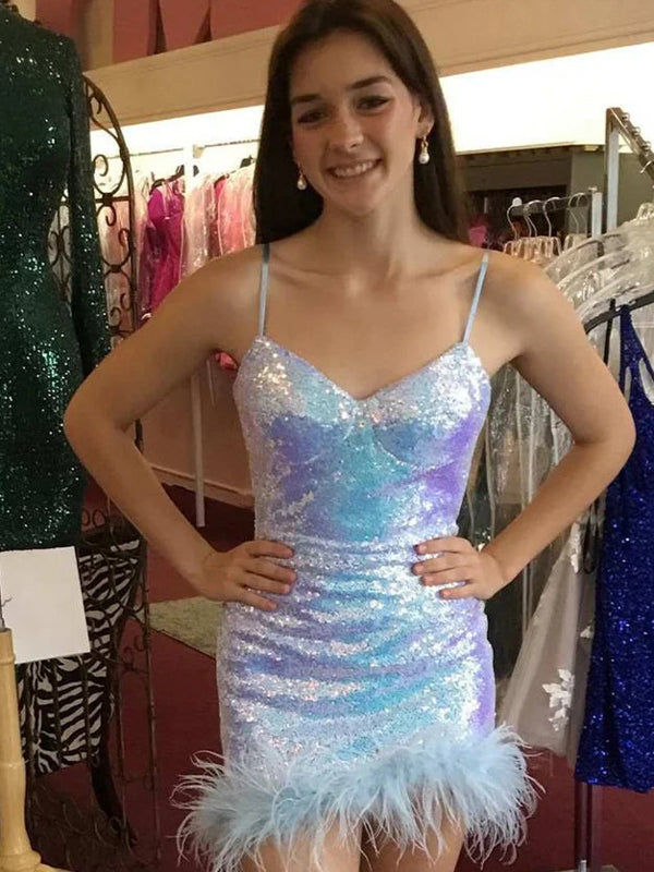 Glitter V-Neck Spaghetti Straps Fully Sequins Homecoming Dress - VelvetHem