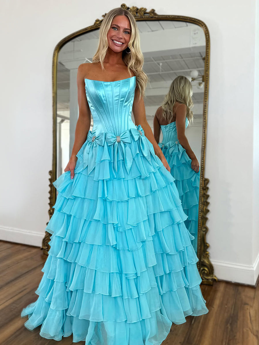 Princess Strapless Tiered A-Line Long Prom Dress with Slit - VelvetHem