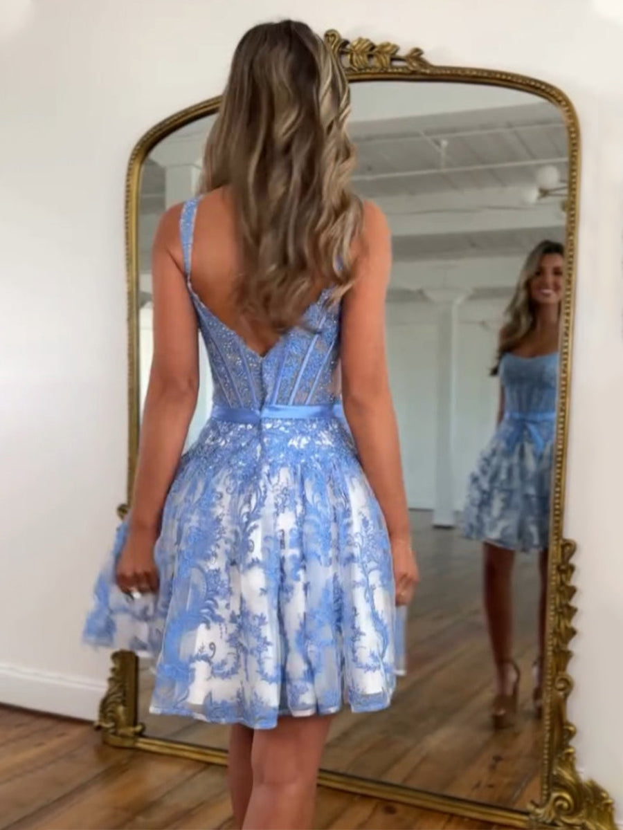 Print A Line Floral Corset Homecoming Dress With Bow