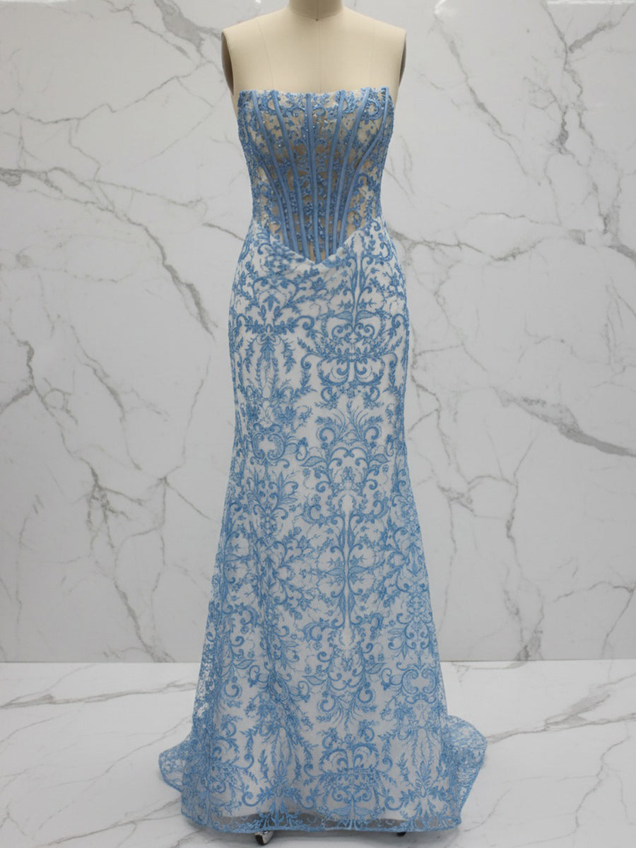 Blue Strapless Pearl Beaded Corset Ruched Long Prom Dress