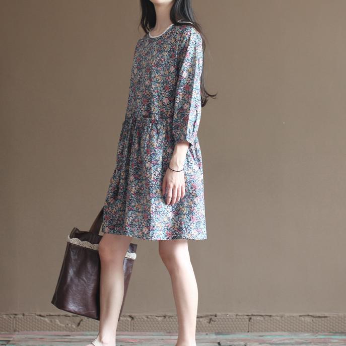 Blue floral cotton dresses bracelet sleeve fit flare dress long sleeve