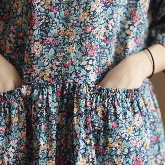 Blue floral cotton dresses bracelet sleeve fit flare dress long sleeve