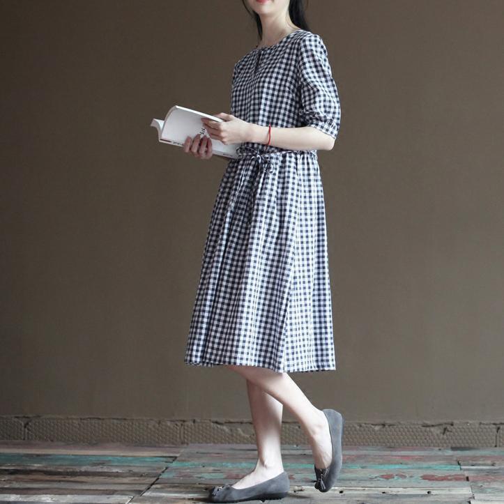 Blue grid cotton sundress half sleeve summer maxi dresses