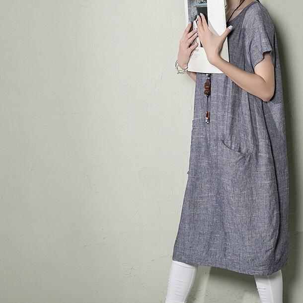 Blue Linen Shift Dress Summer Maxi Dresses Plus Size Linen Clothing ( Limited Stock)