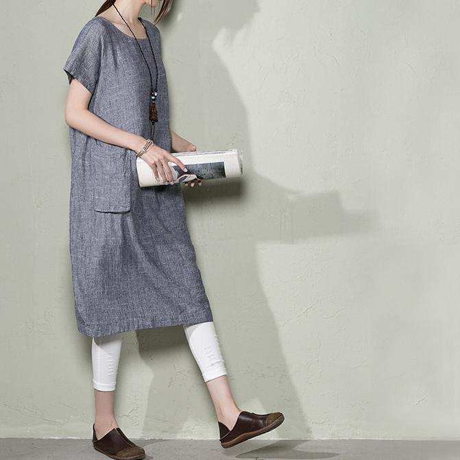Blue Linen Shift Dress Summer Maxi Dresses Plus Size Linen Clothing ( Limited Stock)