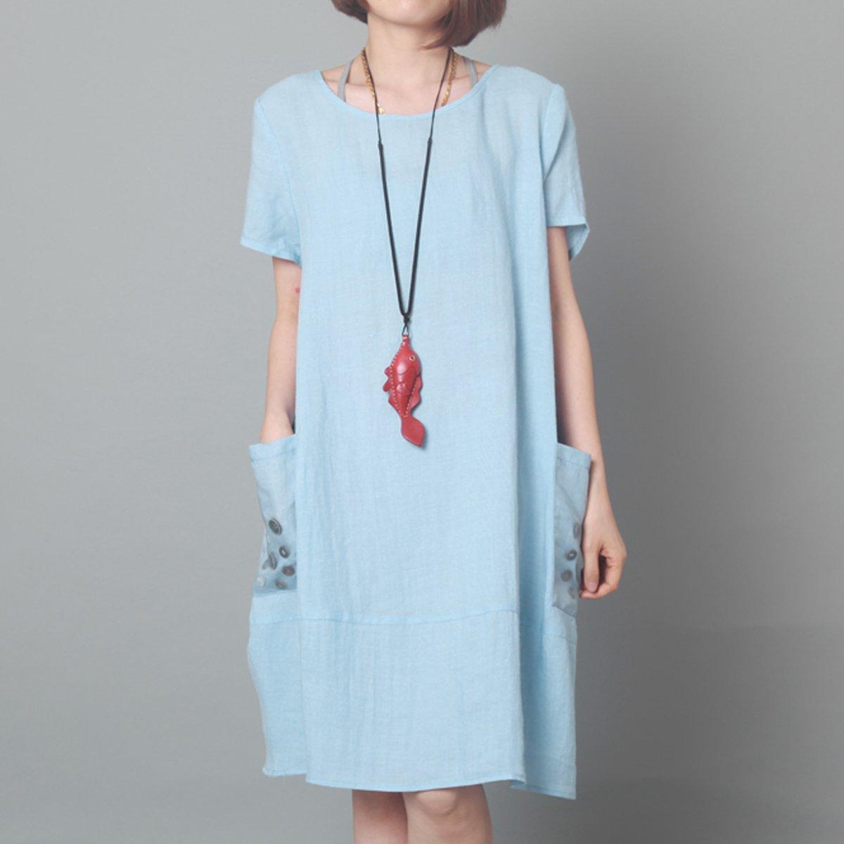 Blue linen sundress oversize dress summer baggy shift dress