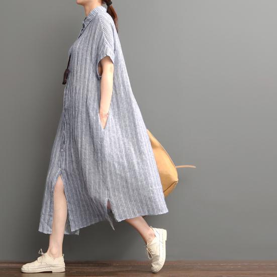 Blue open hem linen maxi dress plus size cotton dress