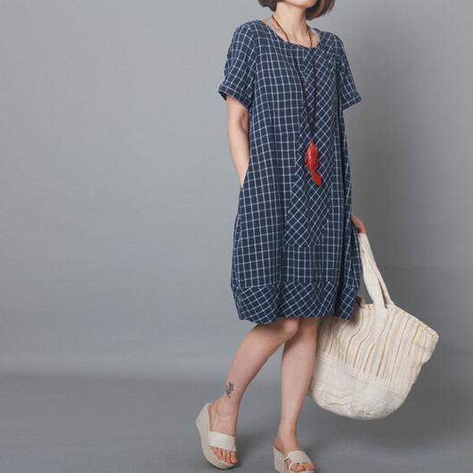 Blue plaid oversize sundress cotton summer shift dresses