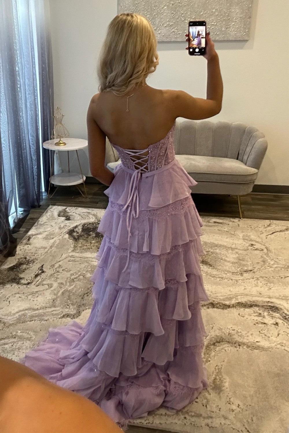 Suzhoufashion Blush Pink A-Line Lace Corset Prom Dress With Tiered Ruffle Skirt & Slit Formal Evening Gown