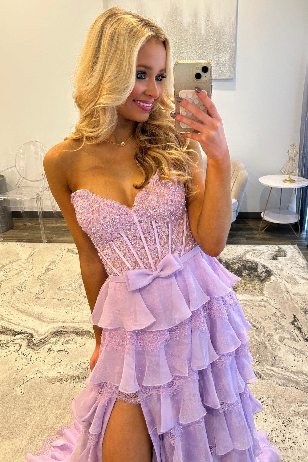 Suzhoufashion Blush Pink A-Line Lace Corset Prom Dress With Tiered Ruffle Skirt & Slit Formal Evening Gown