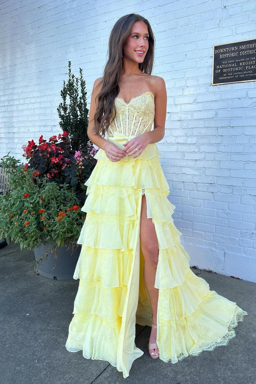 Suzhoufashion Blush Pink A-Line Lace Corset Prom Dress With Tiered Ruffle Skirt & Slit Formal Evening Gown