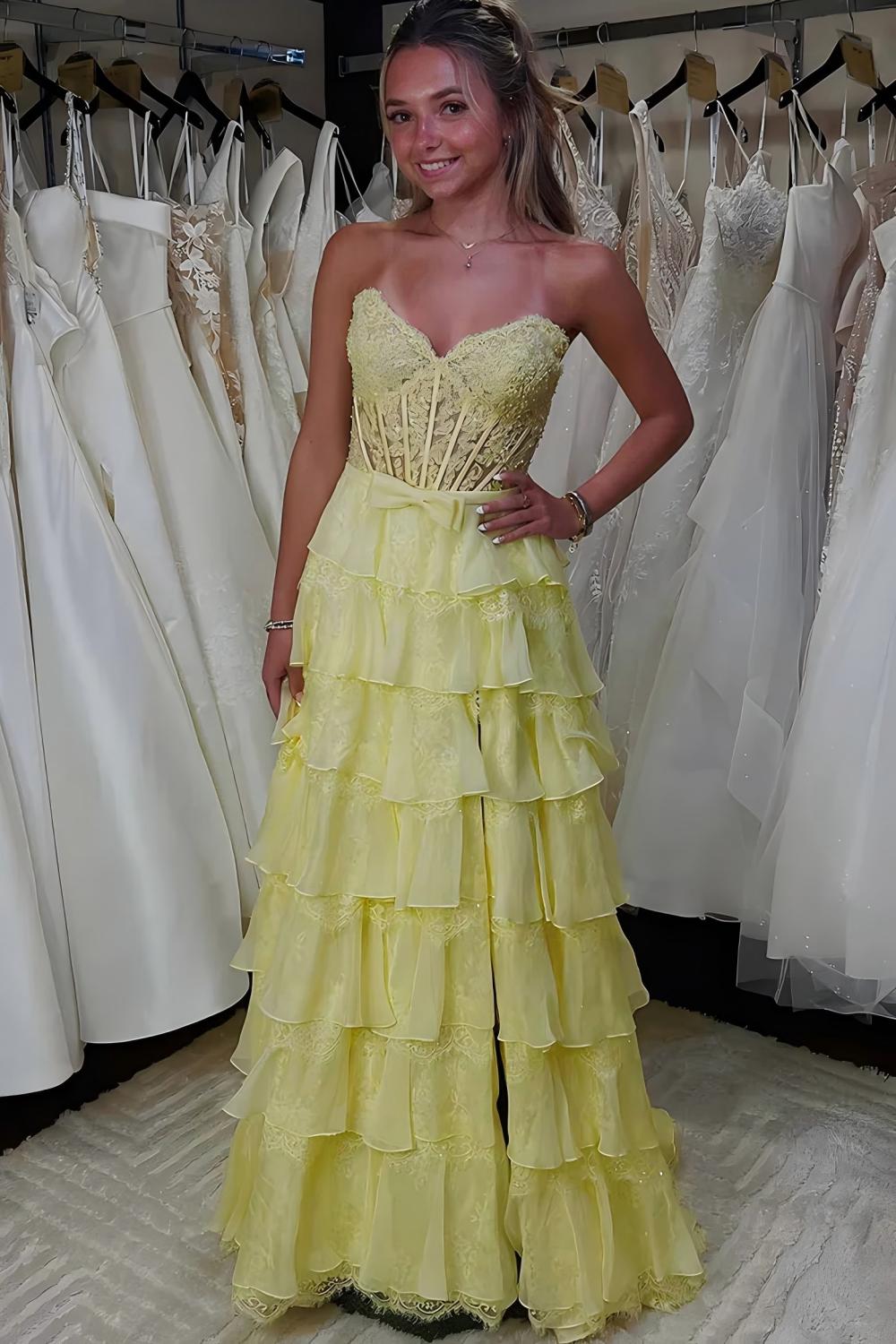 Suzhoufashion Blush Pink A-Line Lace Corset Prom Dress With Tiered Ruffle Skirt & Slit Formal Evening Gown