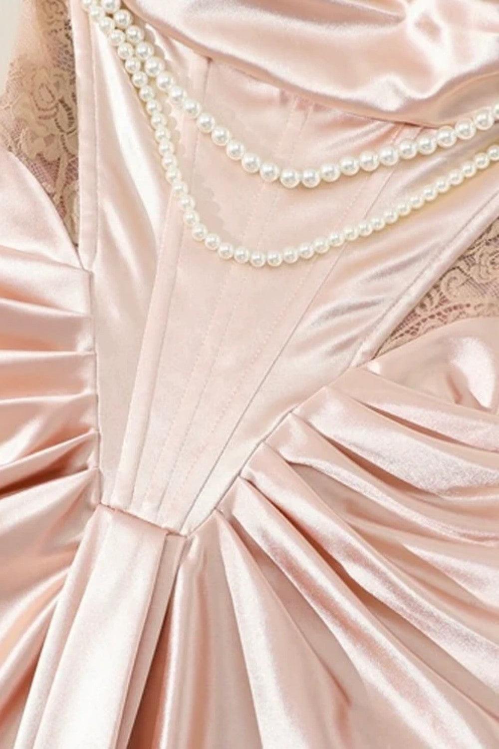 Suzhoufashion Blush Pink Off-The-Shoulder Satin Corset Prom Dress With Pearl Draping Formal Evening Gown