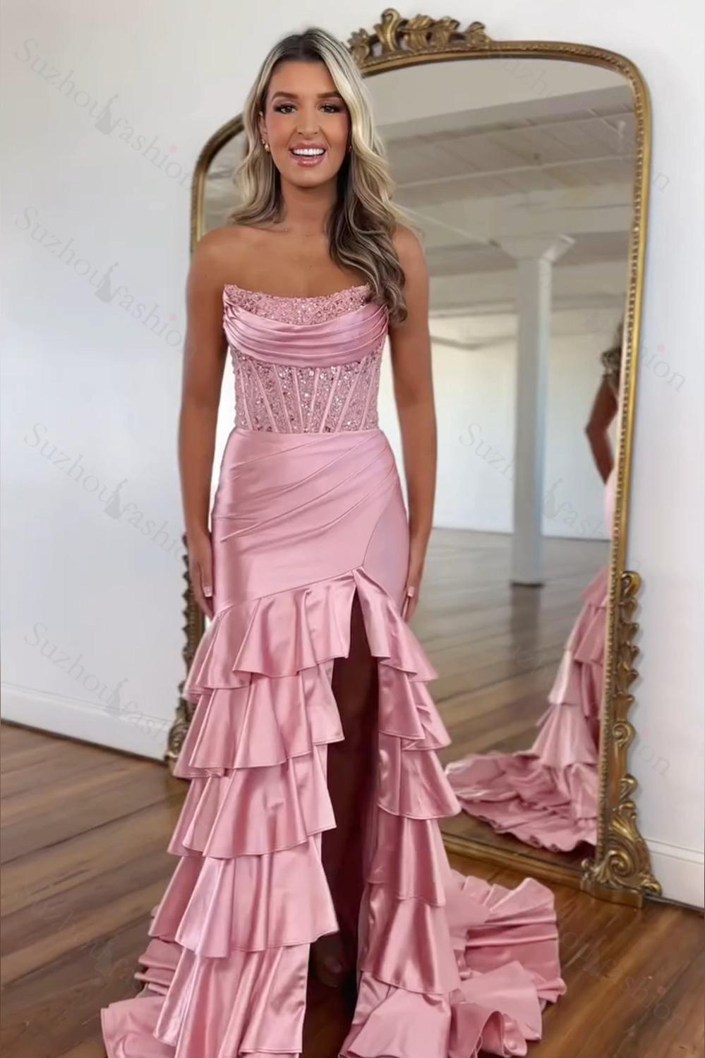 Pink Prom Dress Ruffled Mermaid Long Satin Formal Dress With Slit