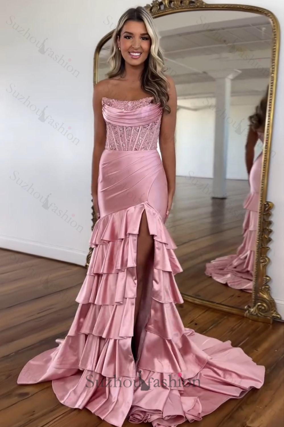 Blush Prom Dress Tiered Mermaid Long Formal Dress With Slit
