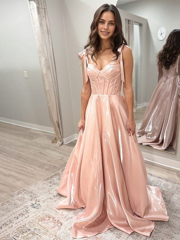 Blush Pink A Line Satin Corset Prom Dress with Bow Straps - VelvetHem