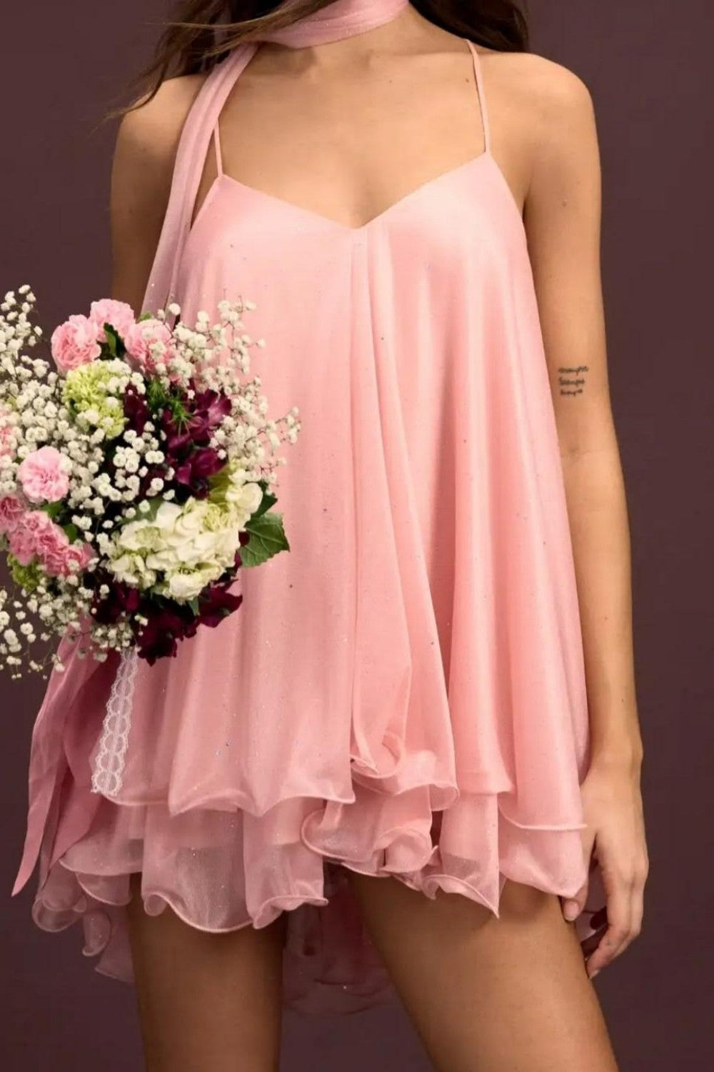 Blush Pink Chiffon Tiered Ruffle Babydoll Homecoming Dress with Spaghetti Straps