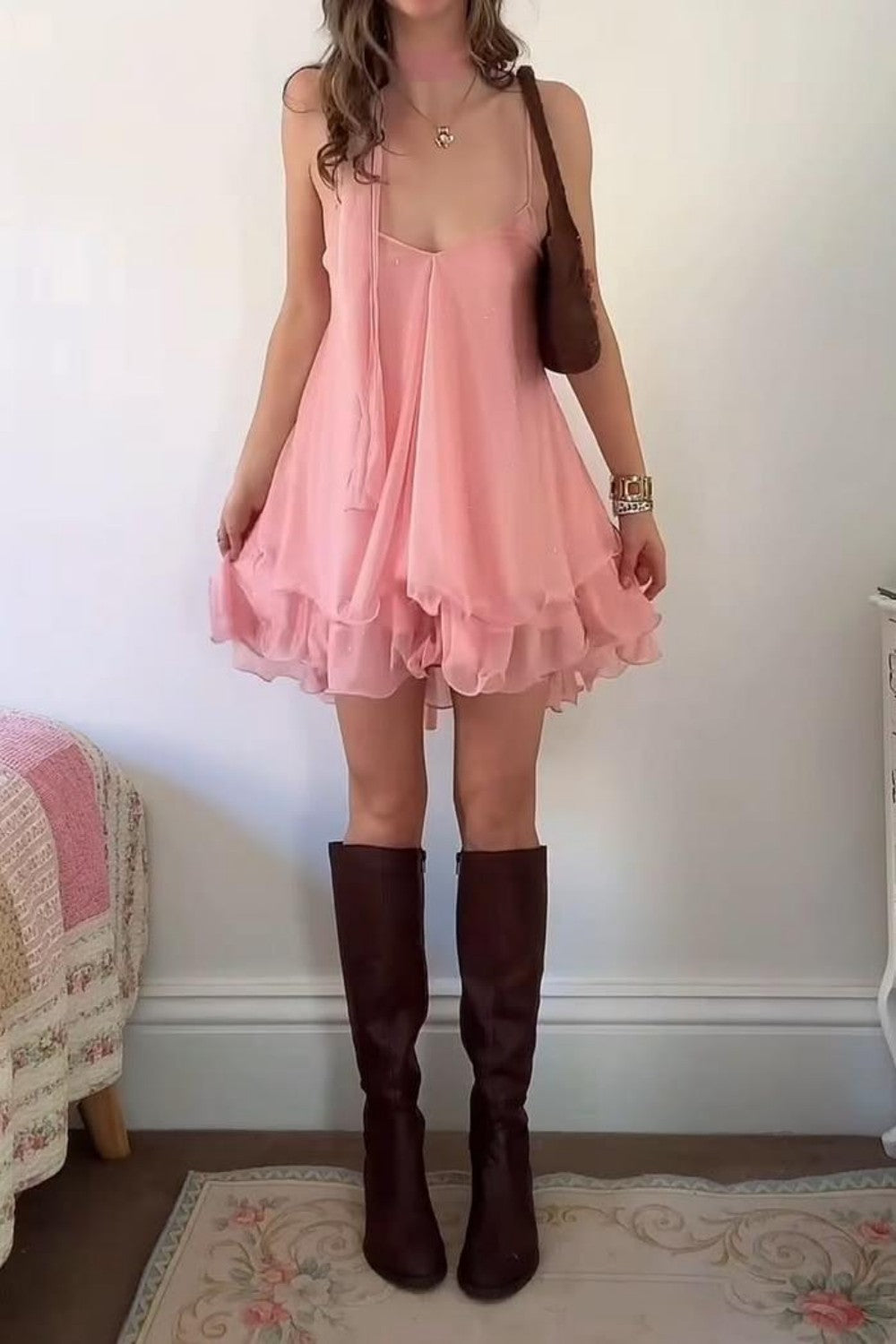 Blush Pink Chiffon Tiered Ruffle Babydoll Homecoming Dress with Spaghetti Straps
