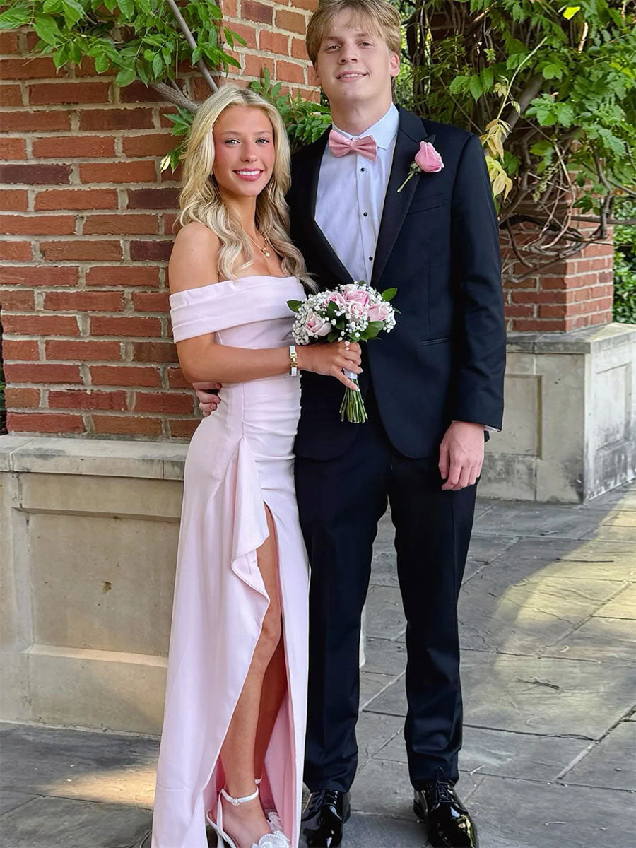 Blush Pink Off-the-Shoulder Crepe Prom Dress with Ruffled High Slit - VelvetHem
