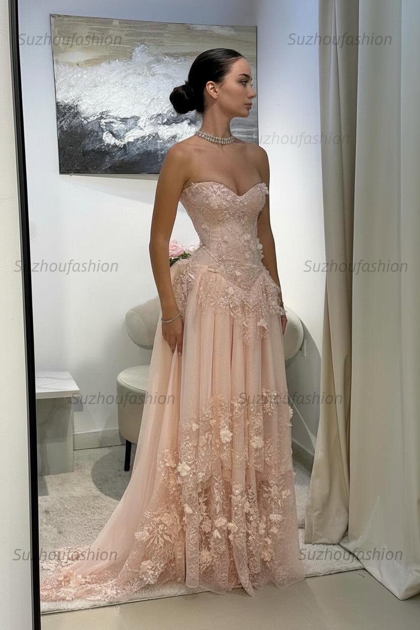 Strapless Sleeveless Long Evening Formal Dress With Pleated Appliques
